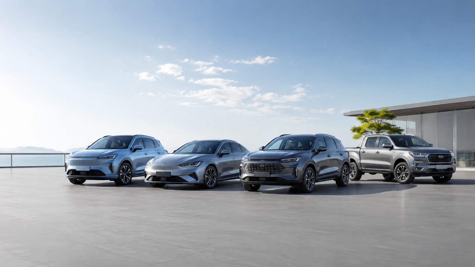 Modern Chinese electric vehicles, SUVs, and export cars ready for import
